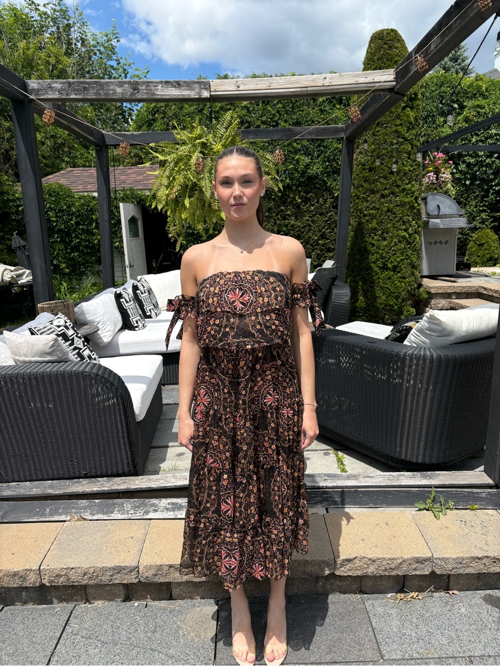 Misa Los Angeles Off-Shoulder Floral Midi Dress in black, orange & brown size M
